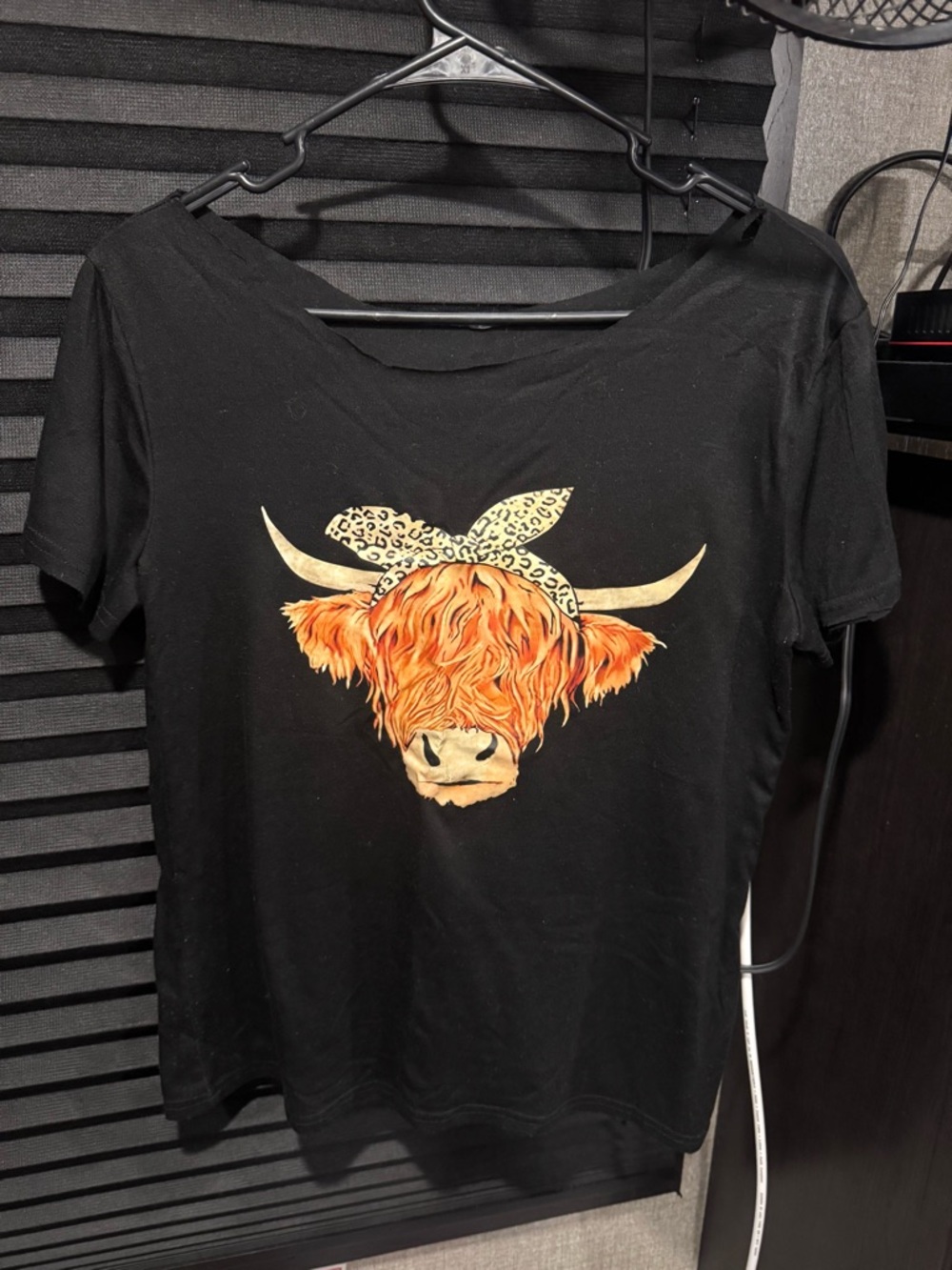 Black Graphic Tee with Orange Highland Cow Print